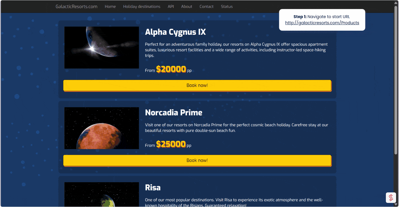 User Journey auf der Produkt-Website Galactic Resorts