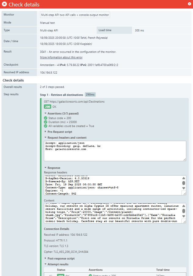 Kontrolldetails der Prüfobjektergebnisse eines Multi-Step API-Monitorings