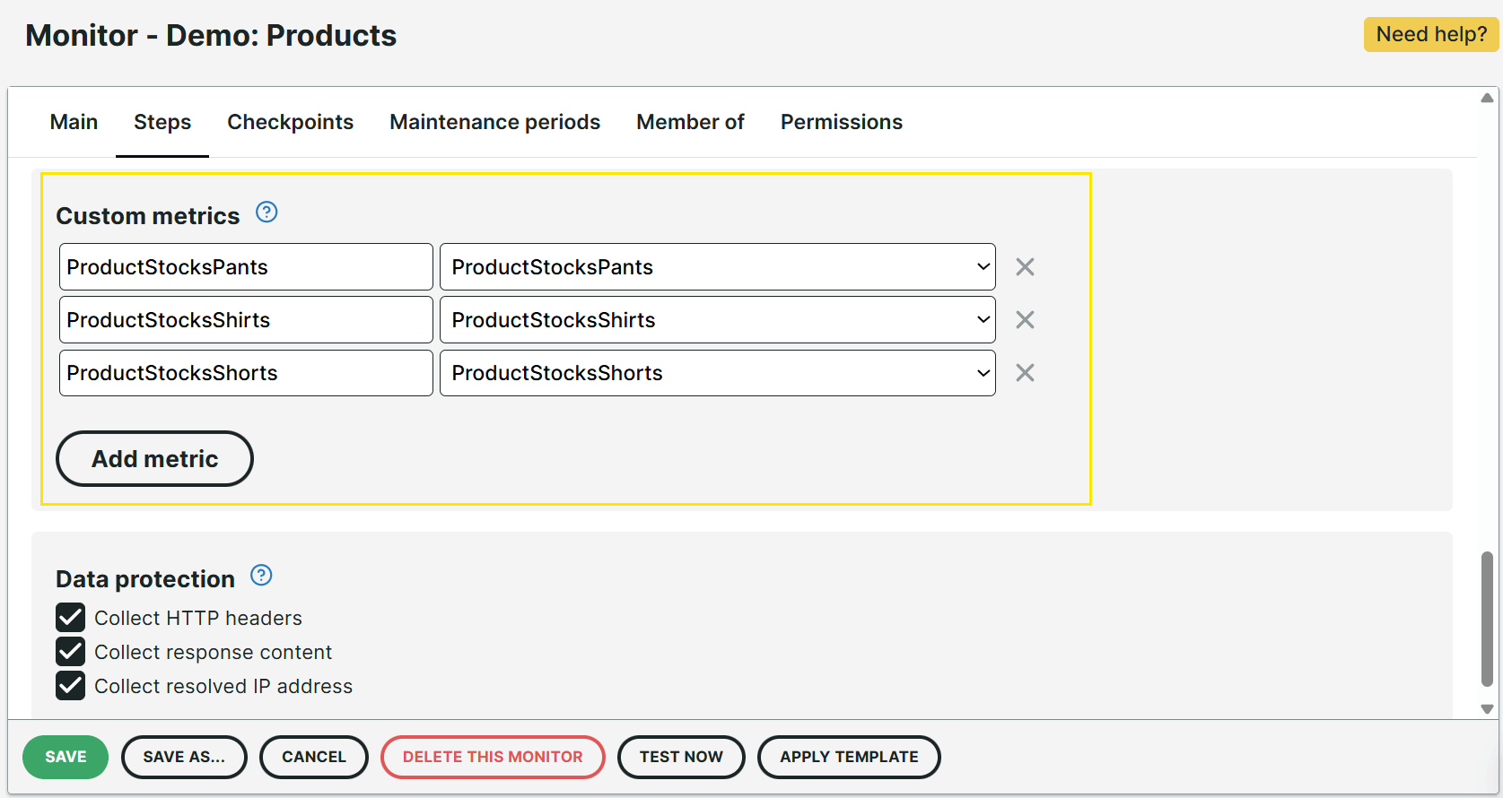 Benutzerdefinierte Metrikvariable für Produkte