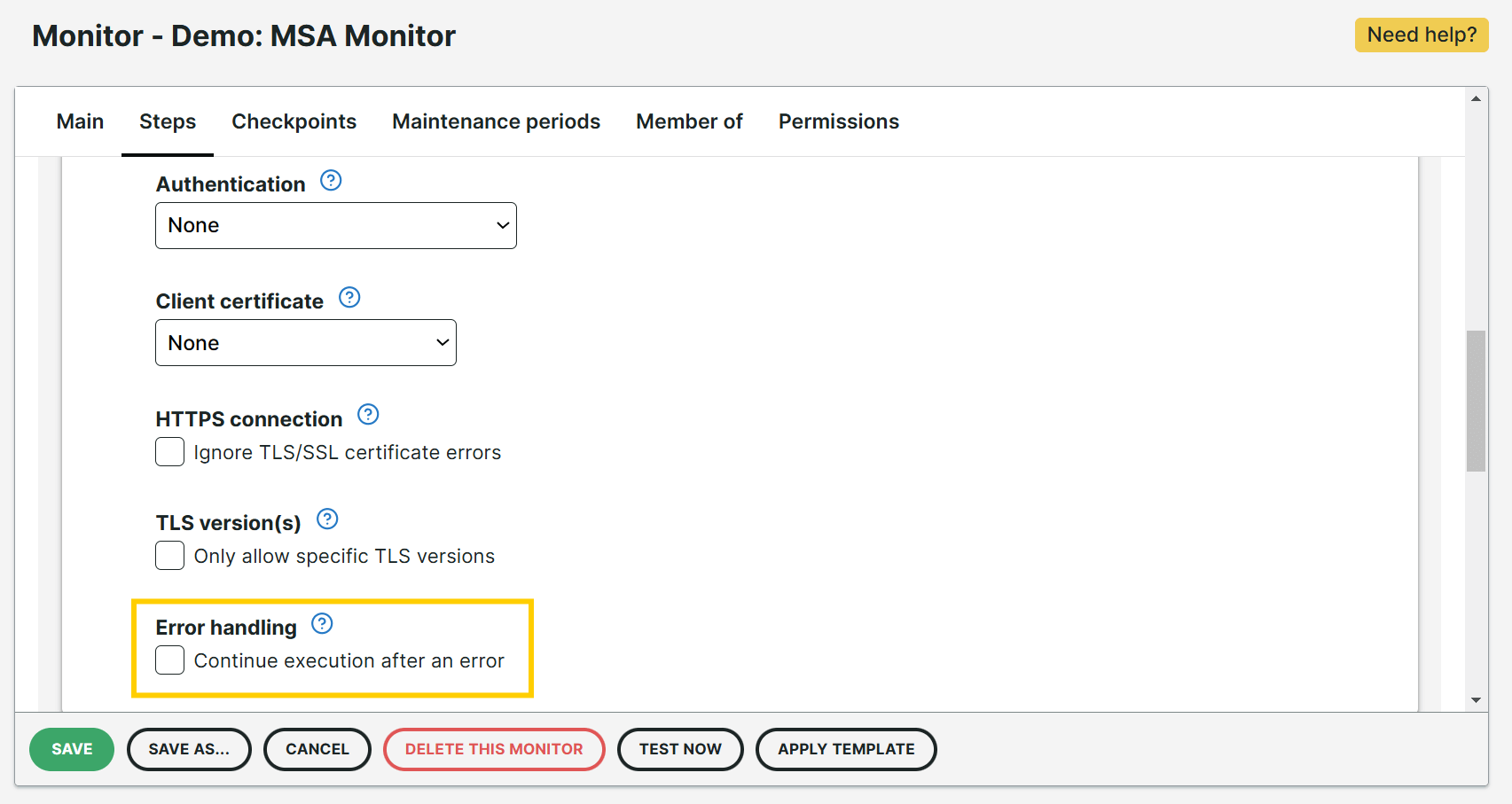 Kontrollkästchen MSA-Fehlerbehandlung