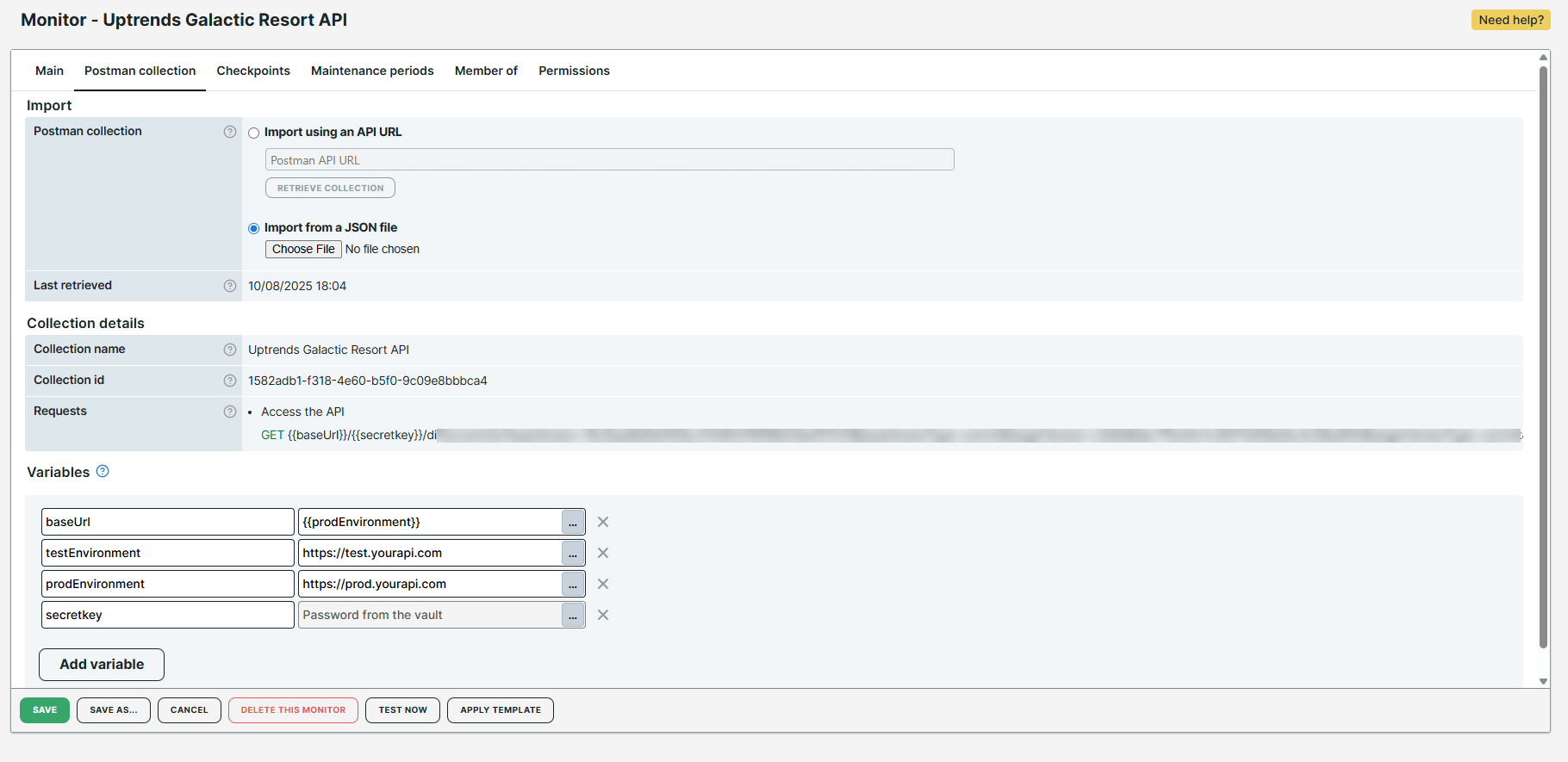 Vier Sammlungsvariablen im Prüfobjekteditor