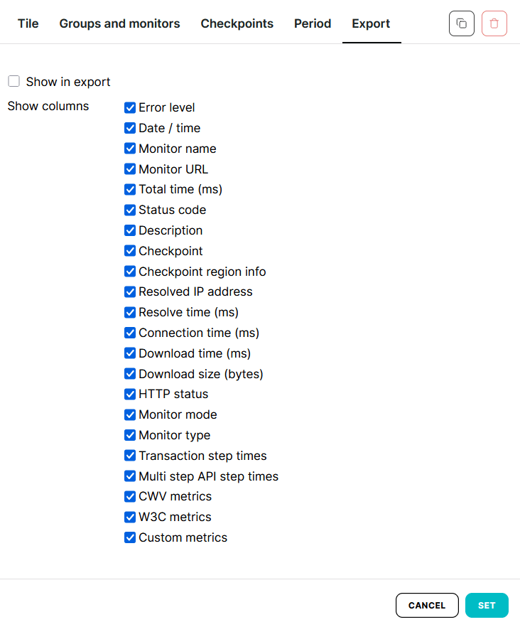 Export-Tab bei Dashboard-Kacheln